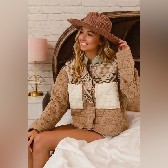 Tan Mixed Aztec Tribal Raw Hem Puffer stitch cotton Quilted Zip Jacket coat - Picture 4 of 8